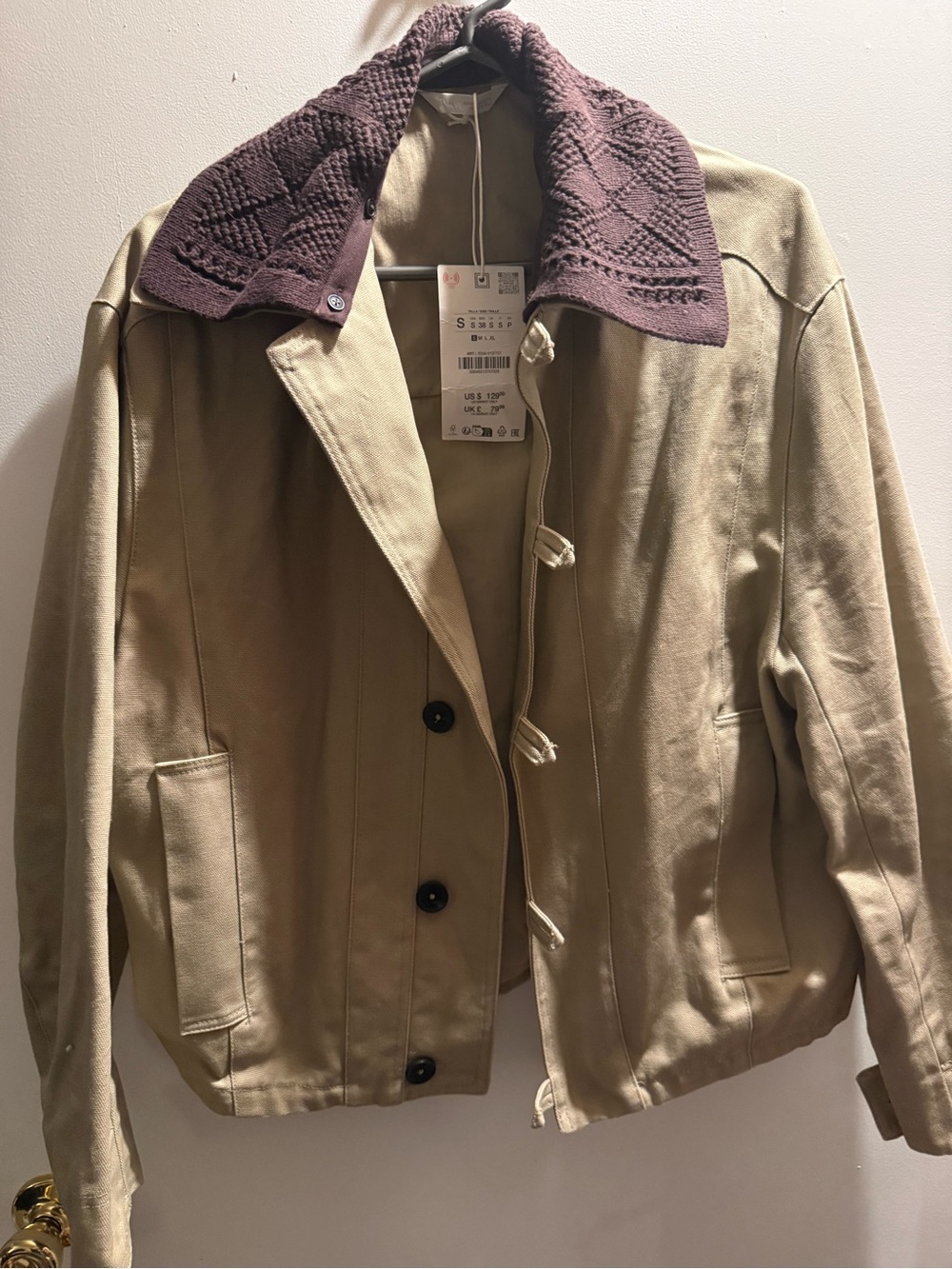 Tan Utility Jacket with Brown Chrochet Collar